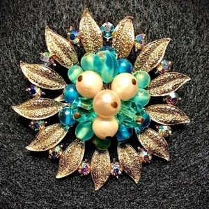 Vintage Blue & Gold Tone Beaded Broach